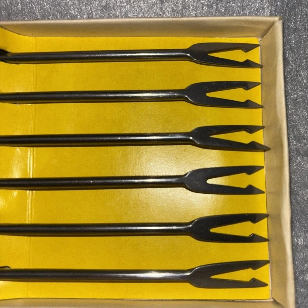 Vintage Fondue Forks 6pc Set Stainless Steel Teak Coded Handles w/Box ~Japan